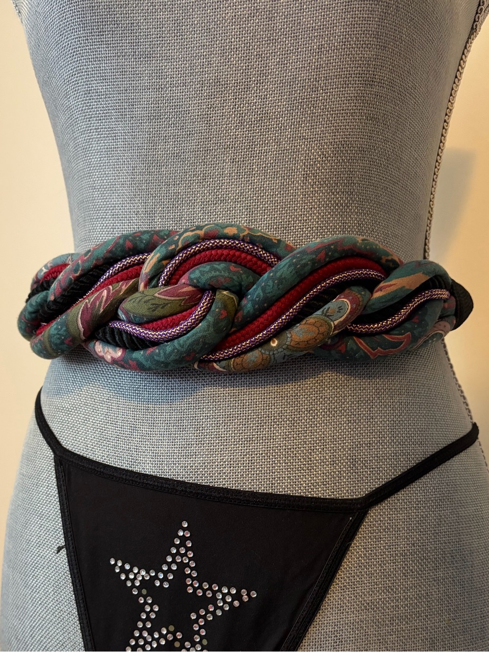 Vintage 80s Woven Chunky Celtic Braid Cotton Stretch Belt with Hook Closure